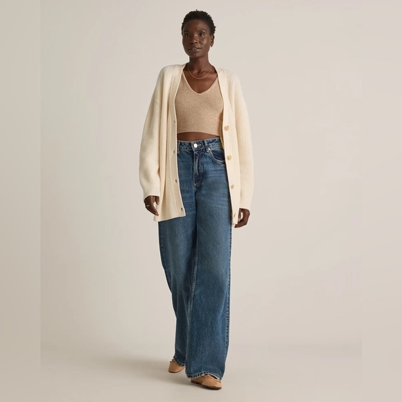 QUINCE Mongolian Cashmere Oversized Boyfriend Cardigan Sweater Heather Ivory - Picture 2 of 9